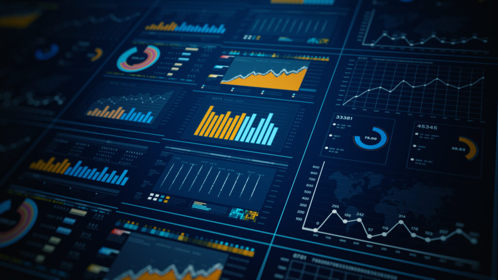A dark-themed analytics dashboard displaying various graphs, bar charts, and metrics for data analysis and visualization.